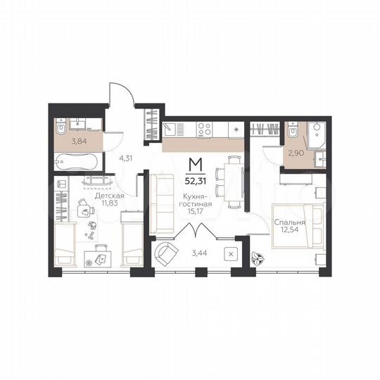 2-к. квартира, 52,3 м², 1/5 эт.