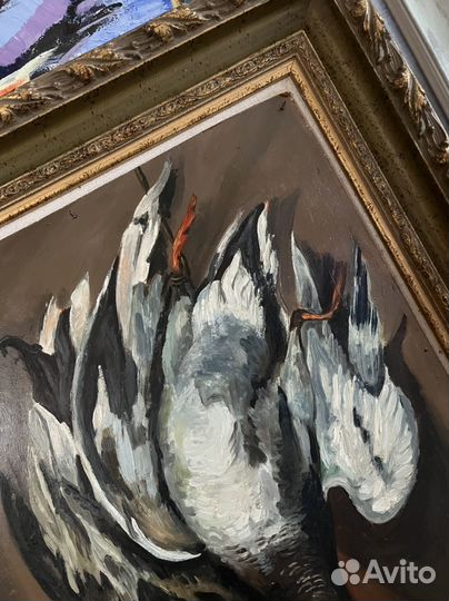 Картина живопись Охота дичь, фужер цветное стекло