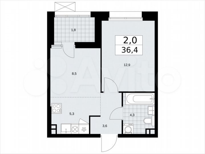 2-к. квартира, 36,4 м², 3/21 эт.