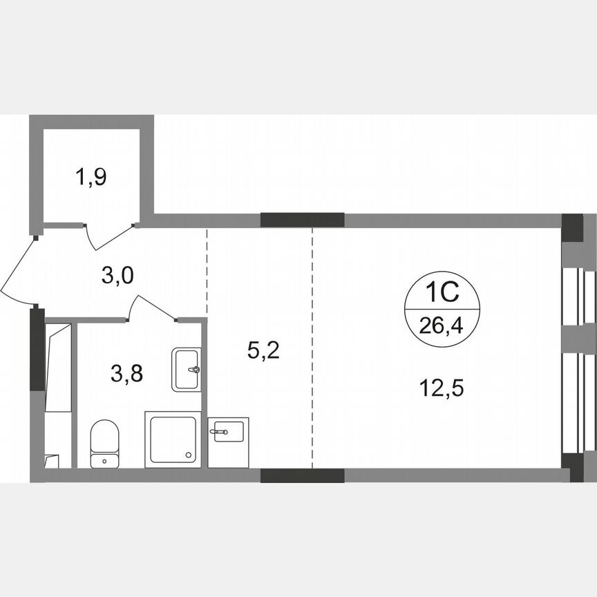 Квартира-студия, 26,4 м², 16/19 эт.