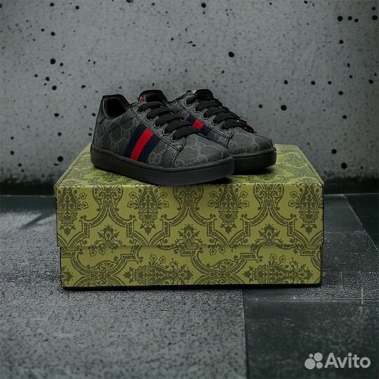 Кроссовки Gucci Ace GG Supreme Blakck Grey детские