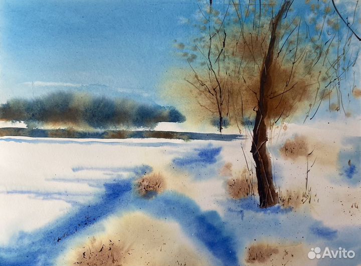 Картина акварелью «Зимний пейзаж»
