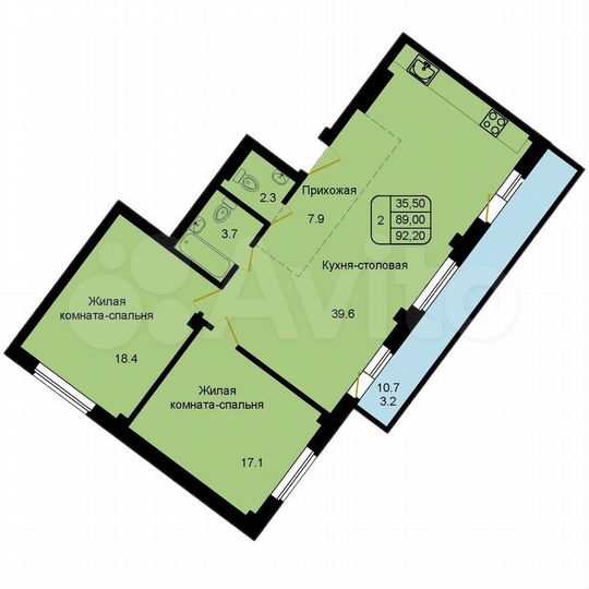 2-к. квартира, 92,2 м², 1/9 эт.