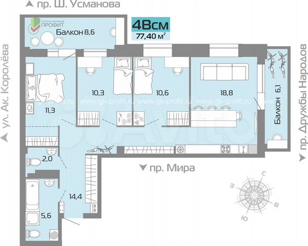 4-к. квартира, 77,4 м², 4/19 эт.