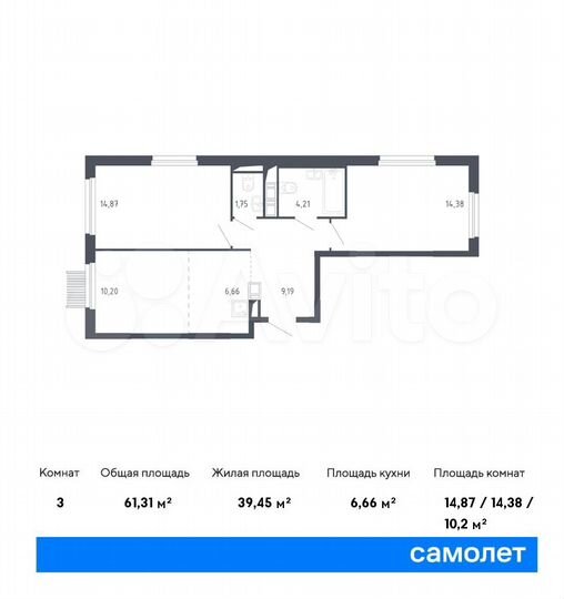3-к. квартира, 61,3 м², 3/17 эт.