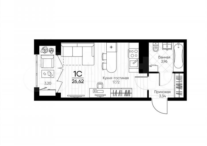 1-к. квартира, 26,6 м², 12/18 эт.