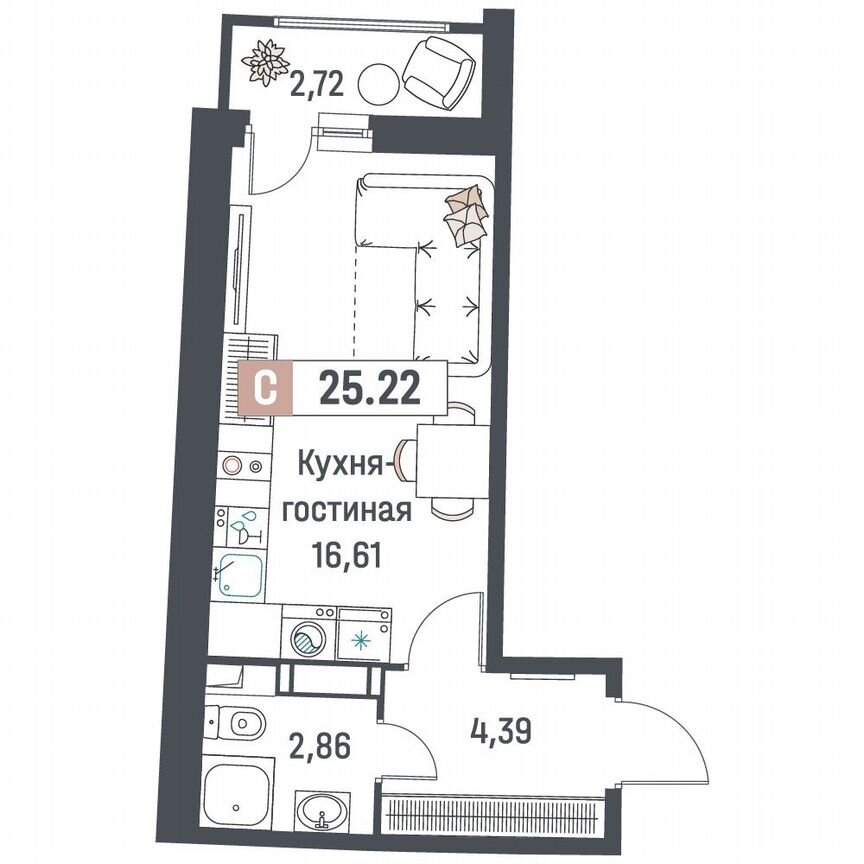 Квартира-студия, 25,2 м², 11/18 эт.