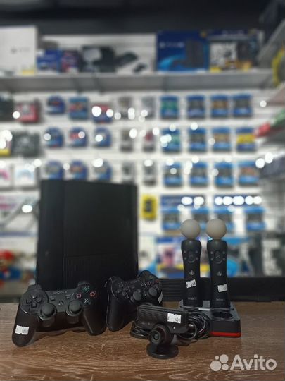 PS3 Super Slim + 2 геймпада + 2 мува + камера