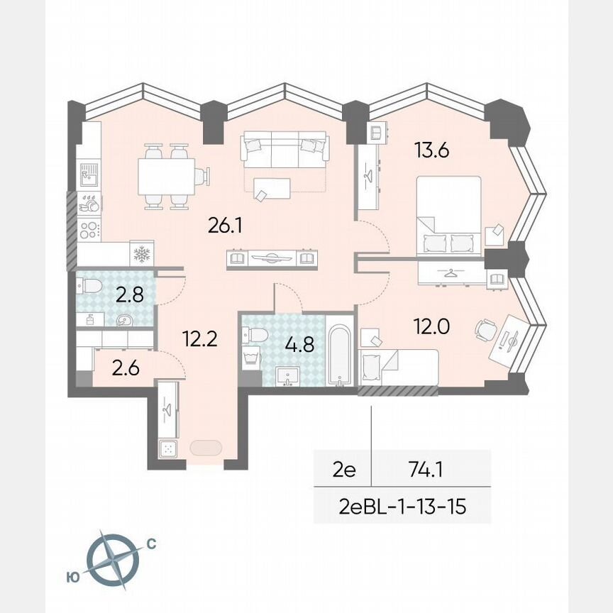 2-к. квартира, 74,1 м², 14/43 эт.