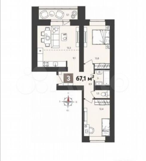3-к. квартира, 67,1 м², 9/14 эт.