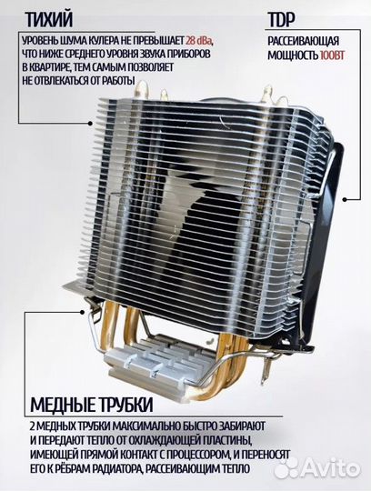 Кулер для процессора - башня 2 тепловых трубки 92m