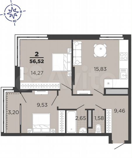 2-к. квартира, 56,5 м², 1/25 эт.