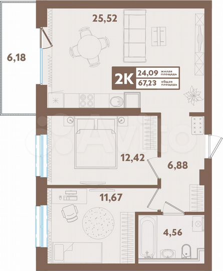 2-к. квартира, 67,2 м², 2/4 эт.