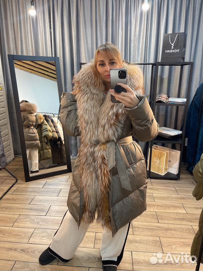 Пальто Пуховик 95см мокко с объемной лисой