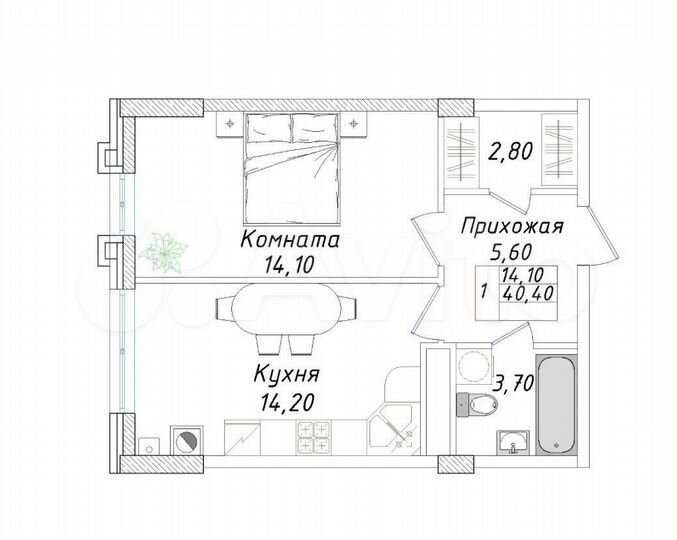 1-к. квартира, 40,4 м², 3/8 эт.