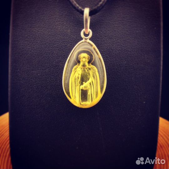 Сергей Радонежский Кулон Инталия Янтарь Серебро