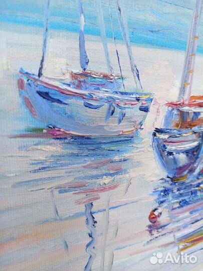 Картина маслом лодки море морской пейзаж 50х40