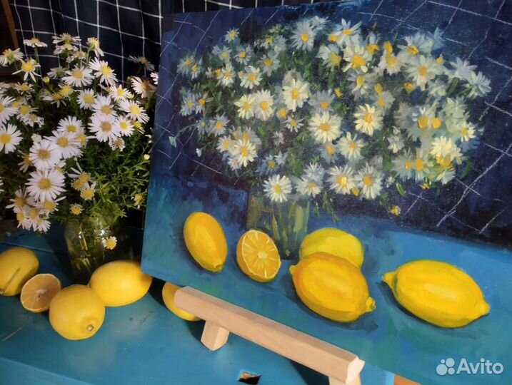 Интерьерная картина с лимонами и ромашками маслом