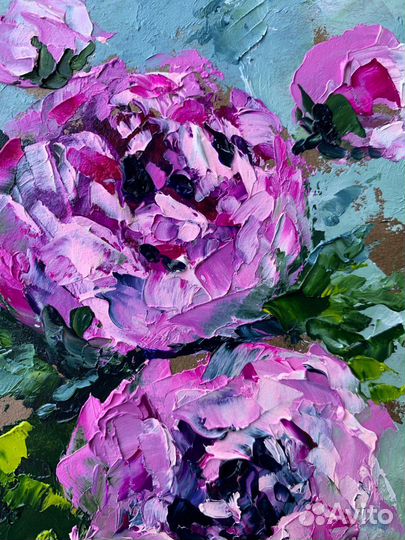 Картина маслом букет с пионами розовые розы