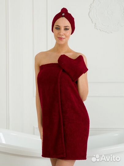 Парео-набор махровый банный женский бордовый XL