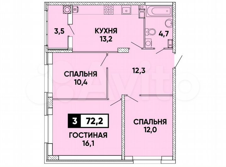 3-к. квартира, 72 м², 6/24 эт.