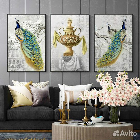 Модульная картина маслом павлины