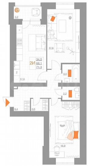 2-к. квартира, 71,3 м², 4/5 эт.