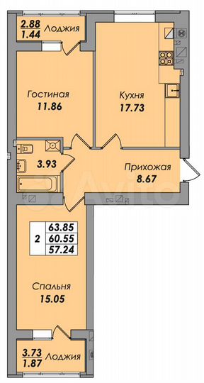 2-к. квартира, 63,9 м², 7/8 эт.