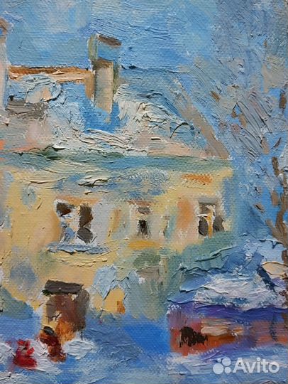 Картина маслом городской пейзаж, зимний дворик