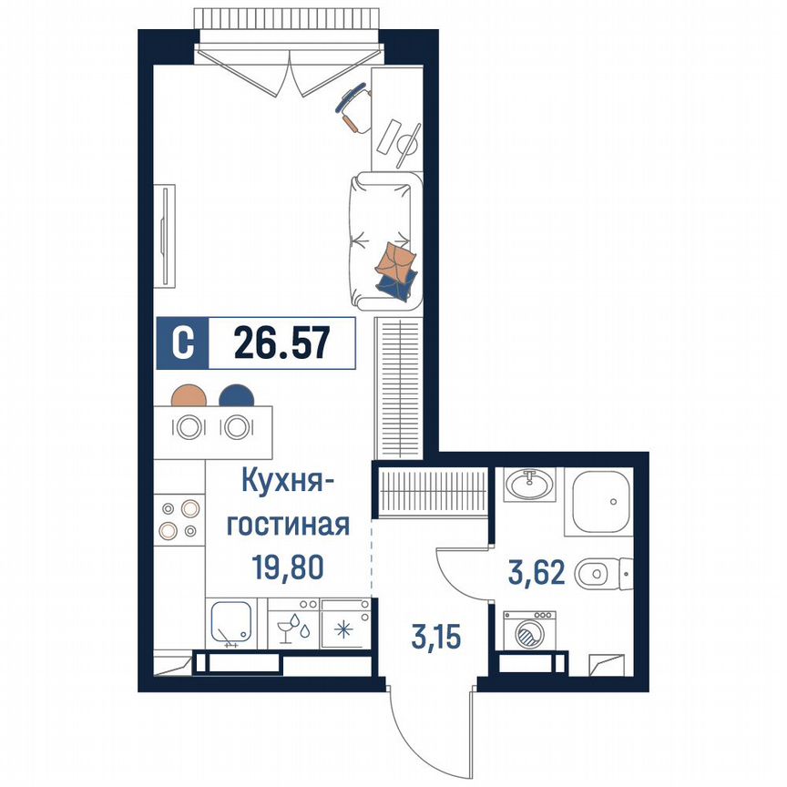 Квартира-студия, 26,6 м², 17/18 эт.