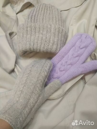 Шапочка и варежки из пуха норки