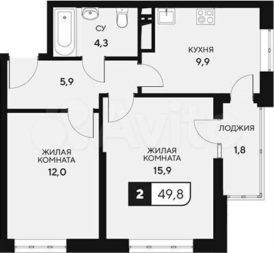 2-к. квартира, 49,8 м², 4/15 эт.