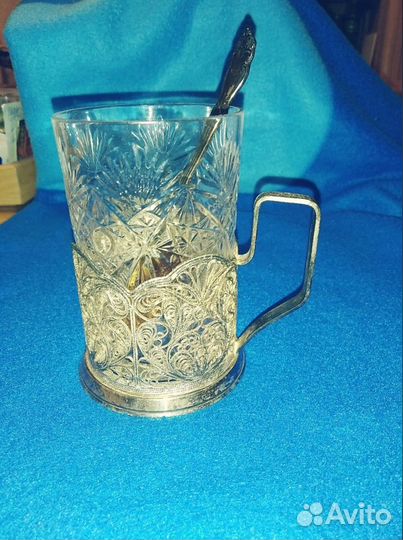 Винтажный подстаканник. Хрустальный стакан.Ложечка