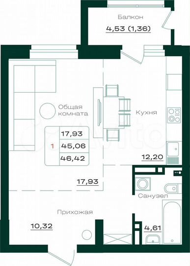 1-к. квартира, 46 м², 6/17 эт.