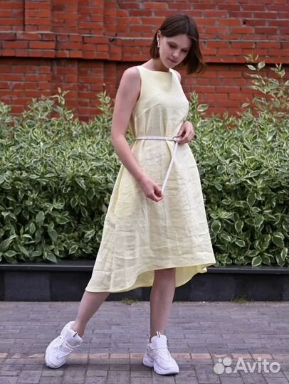 Льняное женское платье 48 лимонный