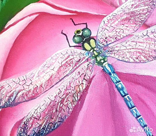 Картина маслом на холсте стрекоза в саду