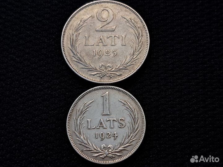 Набор 1, 2 лата Латвия, серебро