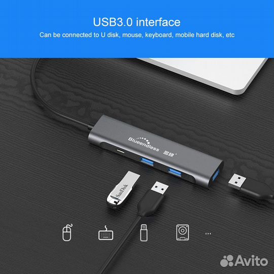 USB Хаб type-C на MacBook 4в1 blueendless