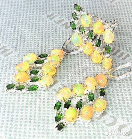 Серьги опал, хромдиопсид серебро С071