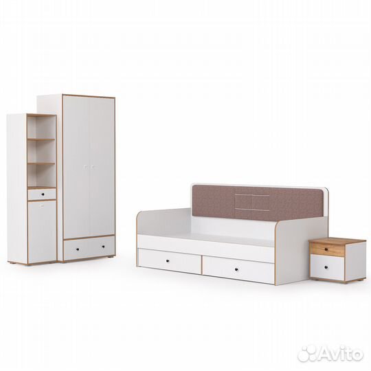 Вуди кровать, тумба, пенал и шкаф для одежды компоновка № 40, цвет белый премиум/дуб крафт золотой/с