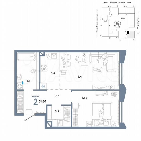 2-к. квартира, 51,6 м², 21/30 эт.