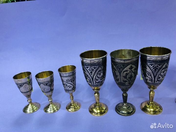 Серебрянные рюмки с чернением и позолотой 8-11см