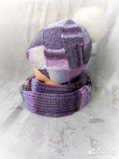 Шапка женская с меховым помпоном + шарф