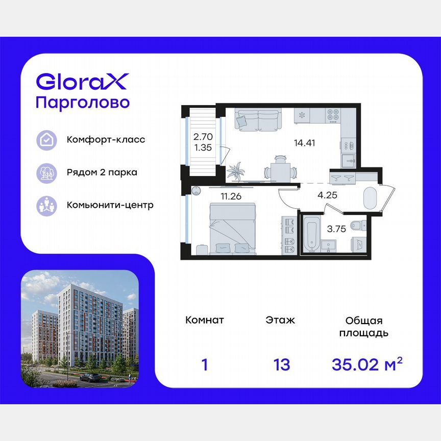 1-к. квартира, 35 м², 13/15 эт.