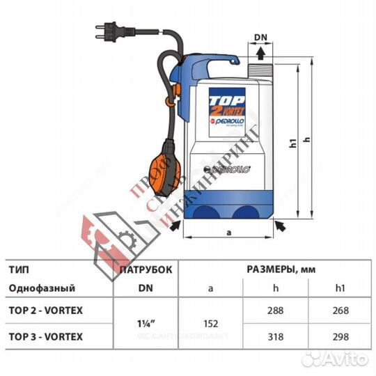 Насос TOP 2-Vortex 1х230В/50 Гц кабель 5м Pedrollo