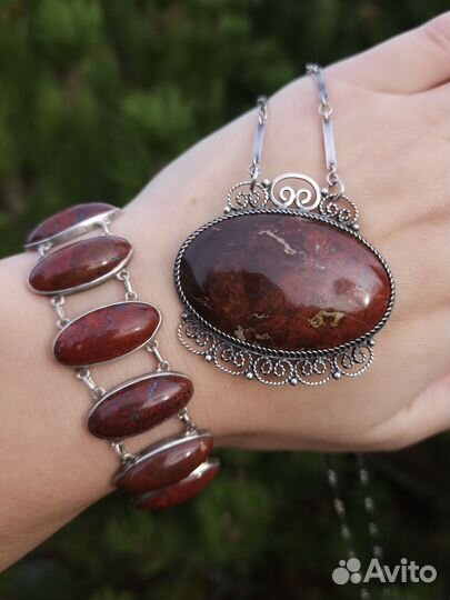 Советское колье, браслет, серебро 916, Яшма