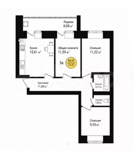 3-к. квартира, 73 м², 3/9 эт.