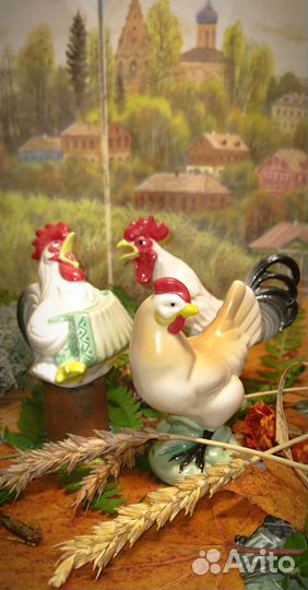 Петушок и курочка, петушок с гармошкой статуэтки