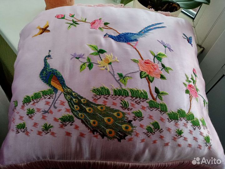 Наволочка натуральный шелк ручная вышивка винтаж