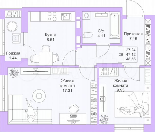 2-к. квартира, 48,6 м², 13/25 эт.